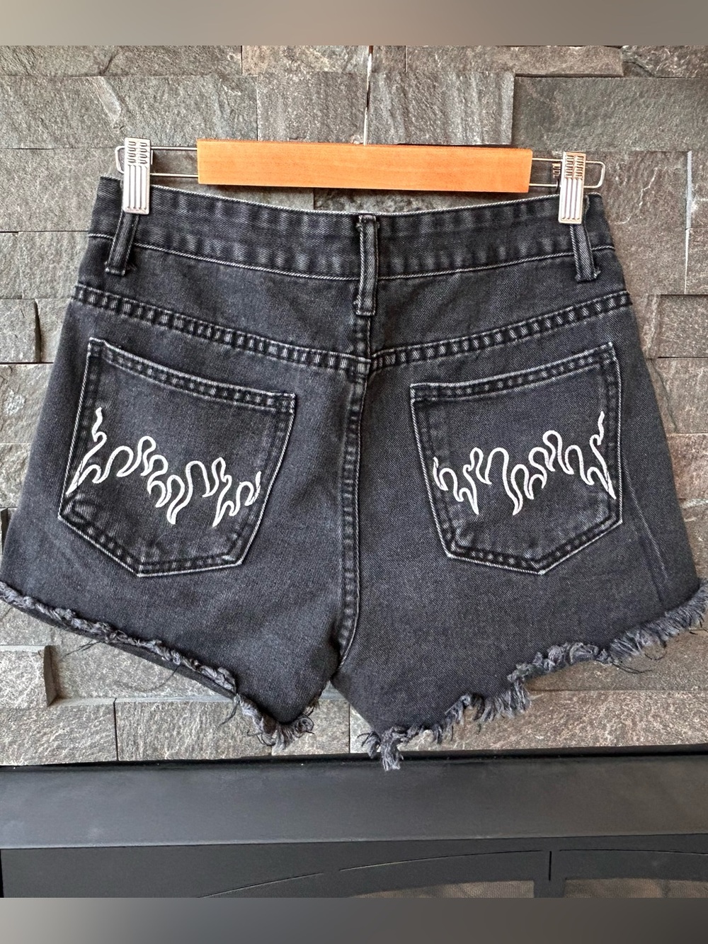 SHEIN Black Denim Shorts w/ White Flame Pocket Embroidery